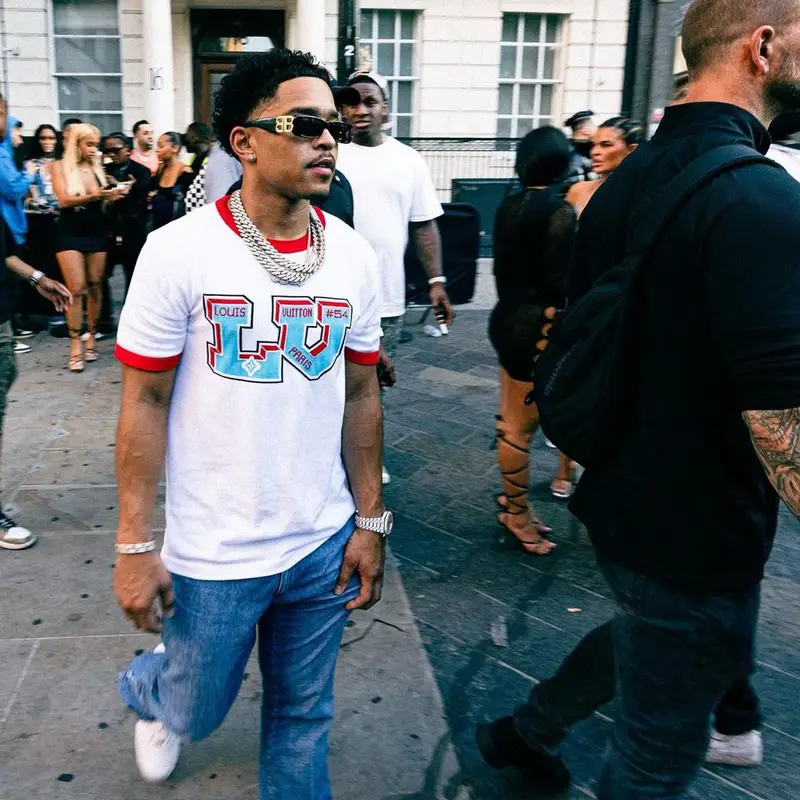 Justin Dior Combs outfit in Louis Vuitton, Nike, and Balenciaga, 2022