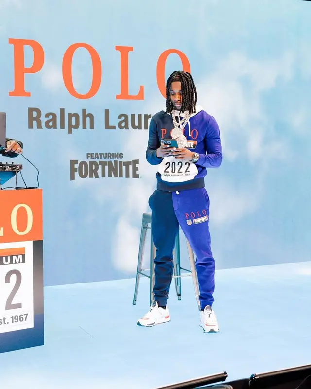 Polo G outfit in Polo Ralph Lauren and Fortnite Merch, 2022