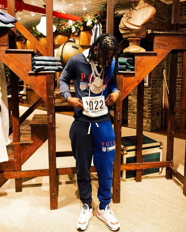 Polo G outfit in Polo Ralph Lauren and Fortnite Merch, 2022