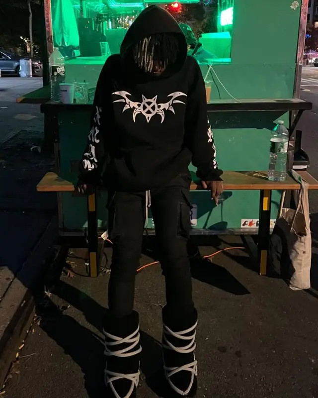 Ken Carson outfit in Ken Carson Merch and Rick Owens, 2022