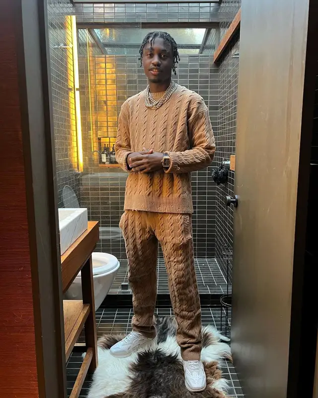 Lil Tjay outfit in Laneus and Raf Simons, 2022