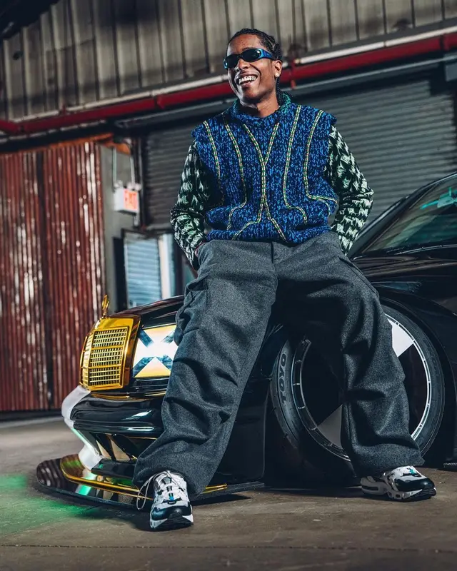 ASAP Rocky outfit in Miu Miu, Nike, and Arnette, 2022