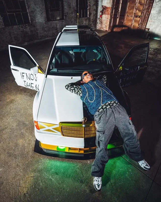 ASAP Rocky outfit in Miu Miu, Nike, and Arnette, 2022