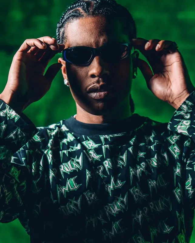 ASAP Rocky outfit in Miu Miu, Nike, and Arnette, 2022