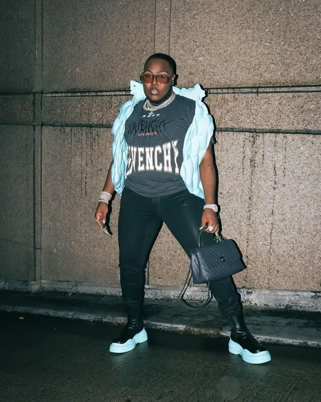 Saucy Santana outfit in Bottega Veneta, Rick Owens, and Burberry, 2022
