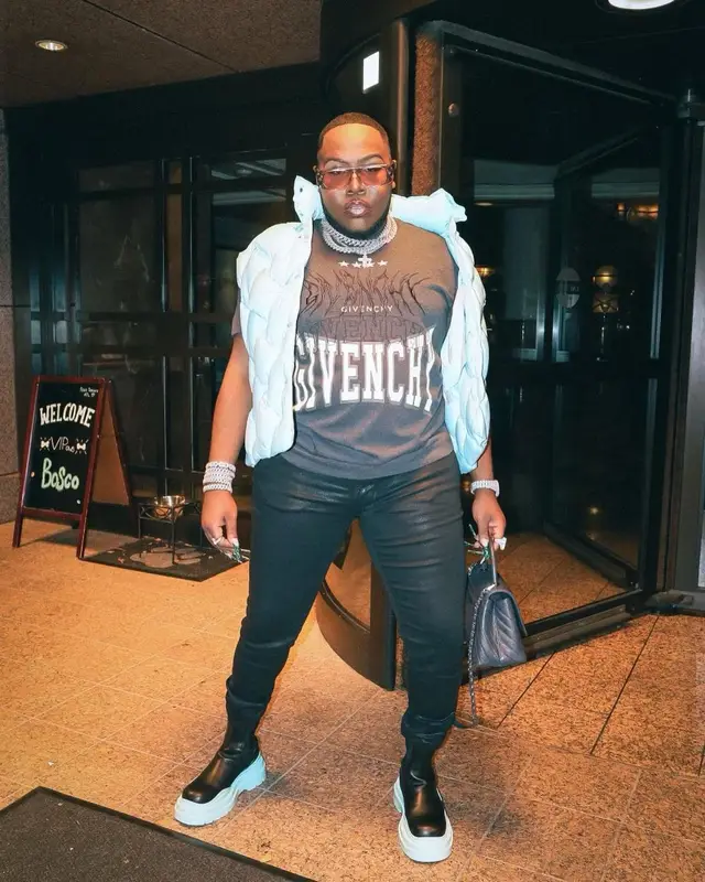 Saucy Santana outfit in Bottega Veneta, Rick Owens, and Burberry, 2022