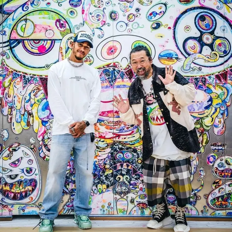 Lewis Hamilton outfit in Takashi Murakami, Acne Studios, and Off-White, 2022