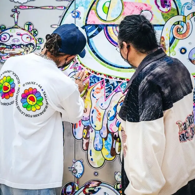 Lewis Hamilton outfit in Takashi Murakami, Acne Studios, and Off-White, 2022