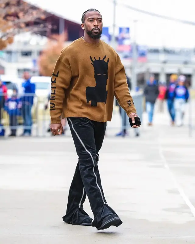 Tyrod Taylor outfit in Etudes and Rick Owens, 2022