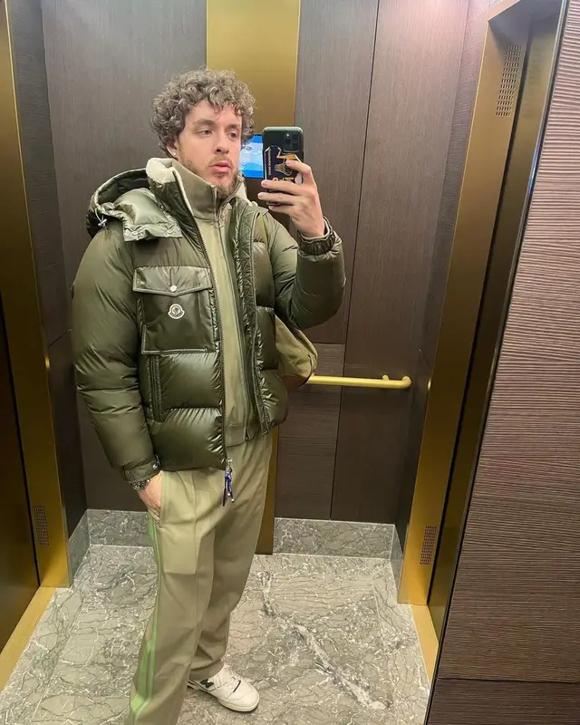 Jack Harlow outfit in Moncler, New Balance, and Bottega Veneta, 2022