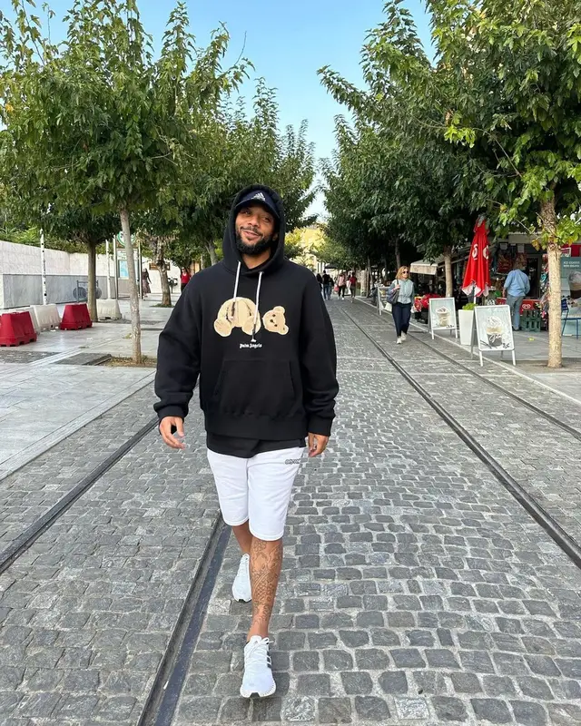 Marcelo Vieira outfit in Palm Angels, Off-White, and Adidas, 2022