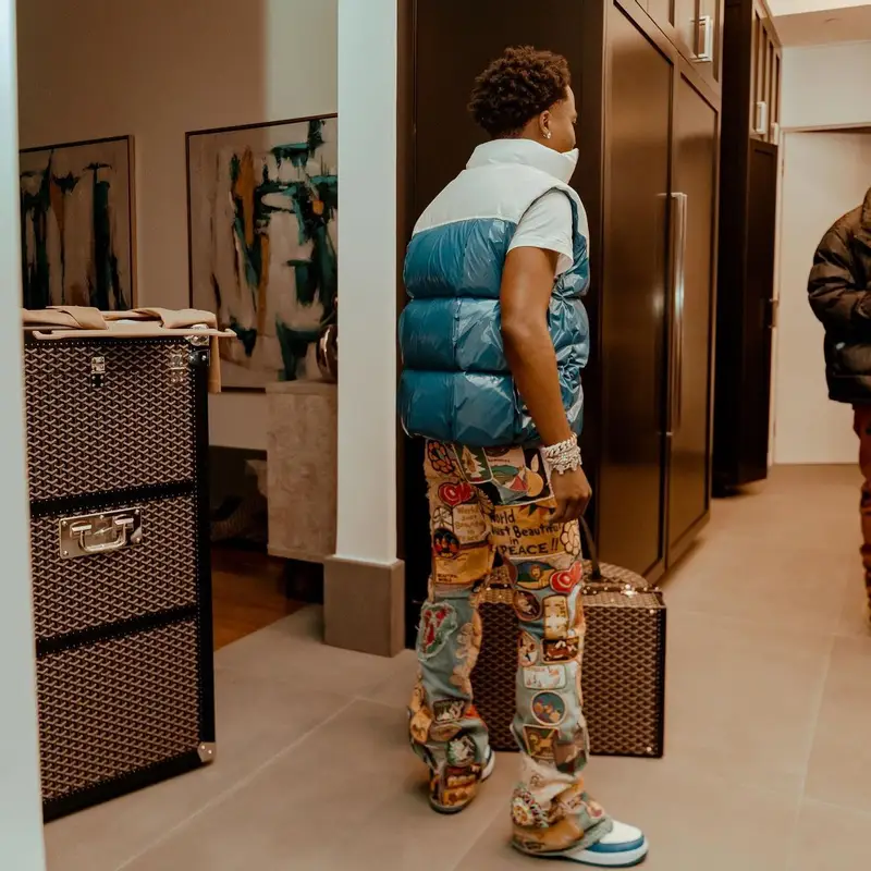 Roddy Ricch outfit in Bottega Veneta, Kapital, and Louis Vuitton, 2022