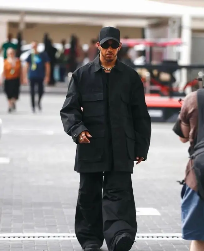 Lewis Hamilton outfit in Balenciaga, Timberland, and Nanushka, 2022