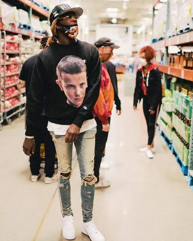 Young Thug outfit in Champion and Stranger Things Merch, 2022