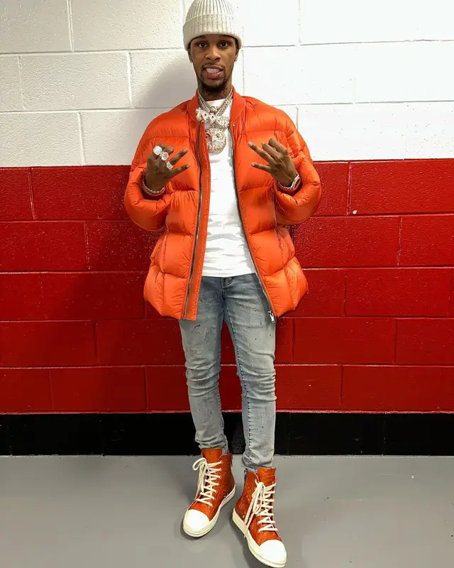 Toosii outfit in Purple Brand and Rick Owens, 2022