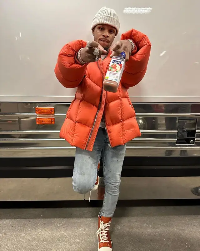 Toosii outfit in Purple Brand and Rick Owens, 2022