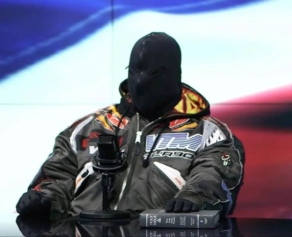 Kanye West outfit in Vetements, Kanye West Merch, and Alpha Industries, 2022