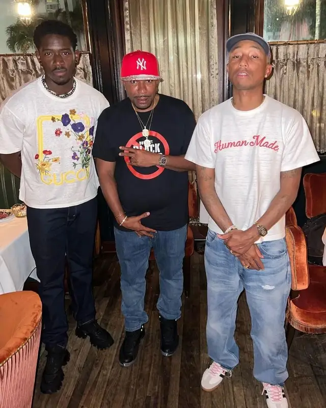 Pharrell Williams outfit in Celine, Adidas, and Human Made, 2022