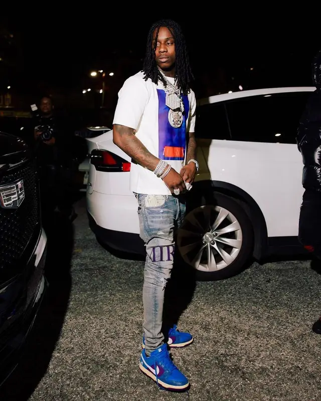 Polo G outfit in Moncler, Heron Preston, and Amiri, 2022