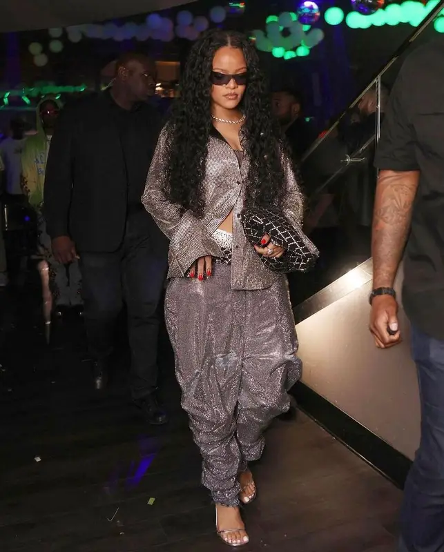 Rihanna outfit in Khaite and Amina Muaddi, 2022