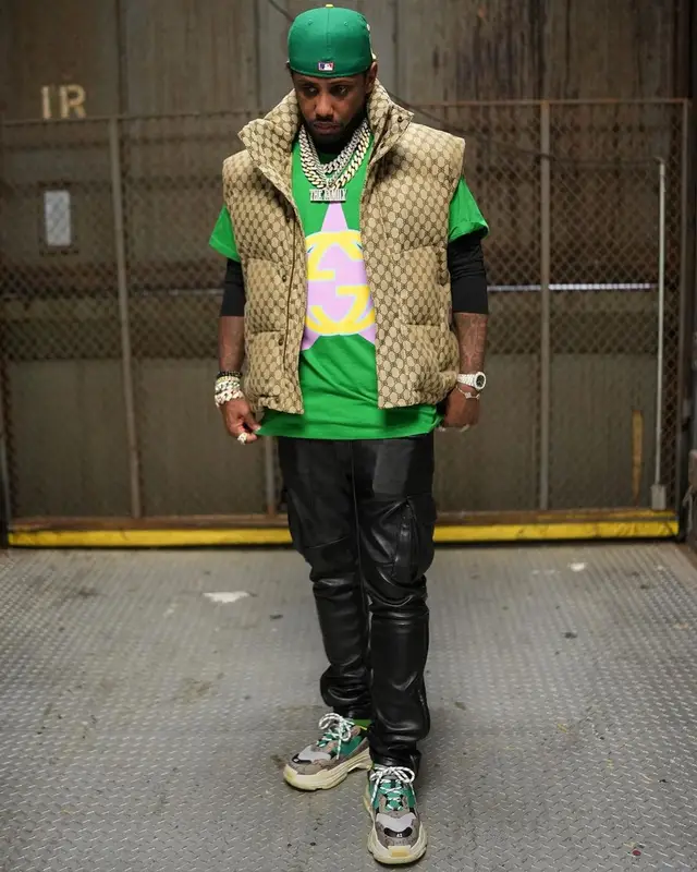 Fabolous outfit in Gucci, New Era, and Balenciaga, 2022
