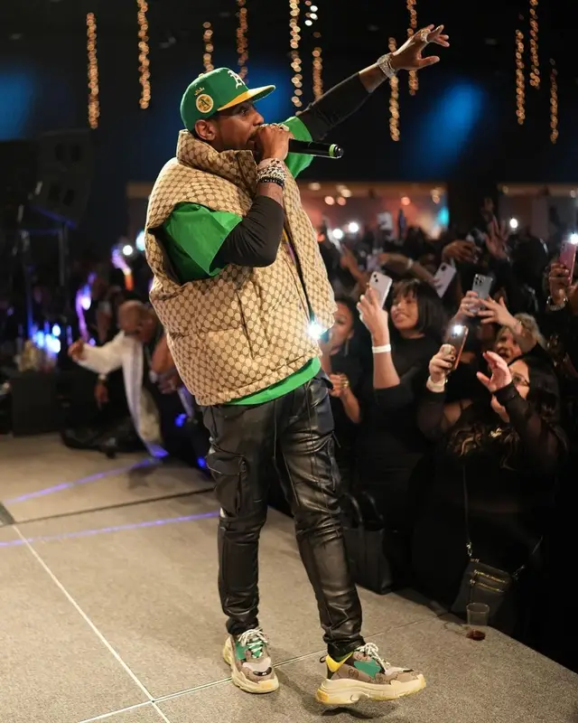 Fabolous outfit in Gucci, New Era, and Balenciaga, 2022