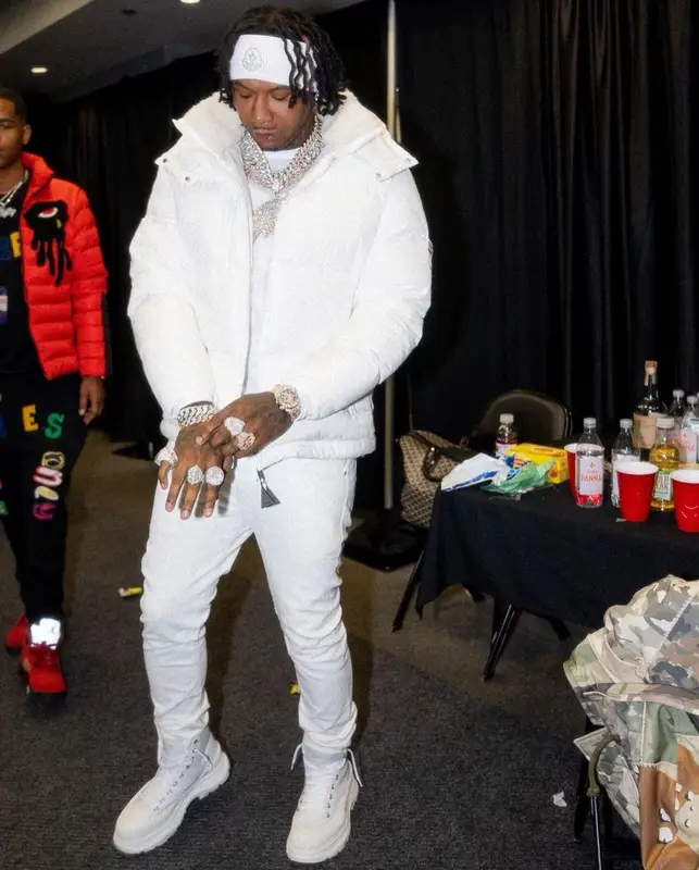 Moneybagg Yo outfit in Amiri, Alexander McQueen, and Moncler, 2022