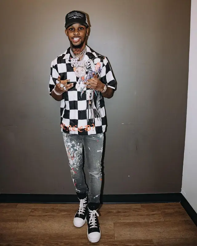 Toosii outfit in Amiri, Rick Owens, and Vonn Vittore, 2022