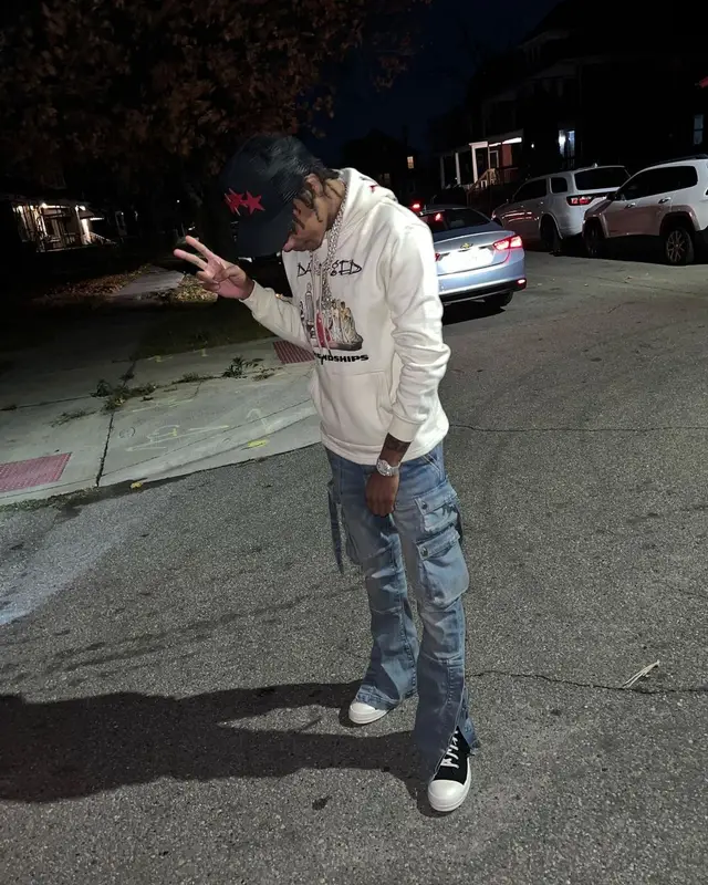 Skilla Baby outfit in Damaged Friendships , Rick Owens, and Amiri, 2022