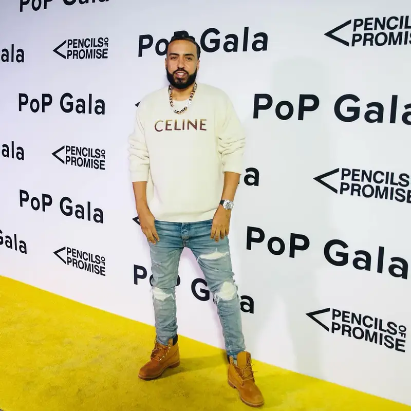 French Montana outfit in Celine, Amiri, and Timberland, 2022