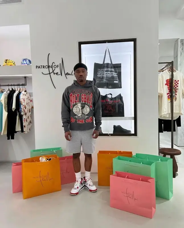 Roddy Ricch outfit in Denim Tears, Jordan, and Polo Ralph Lauren, 2022