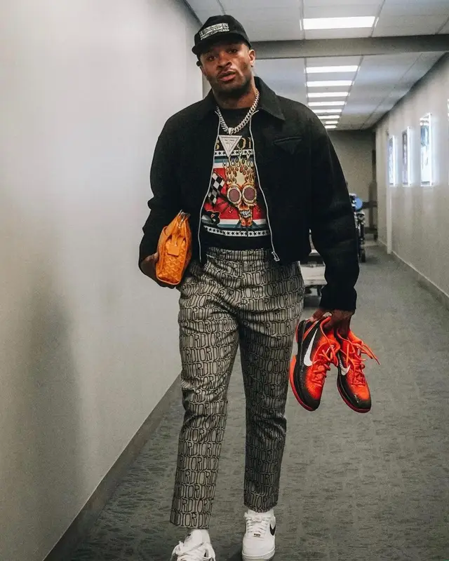 PJ Tucker outfit in Bottega Veneta, Goyard, and Enfants Riches Deprimes, 2022
