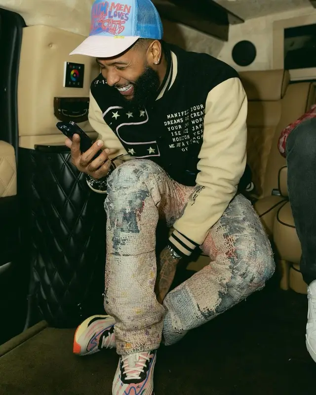 Odell Beckham Jr outfit in Travis Scott Merch, Kapital, and Fragment, 2022