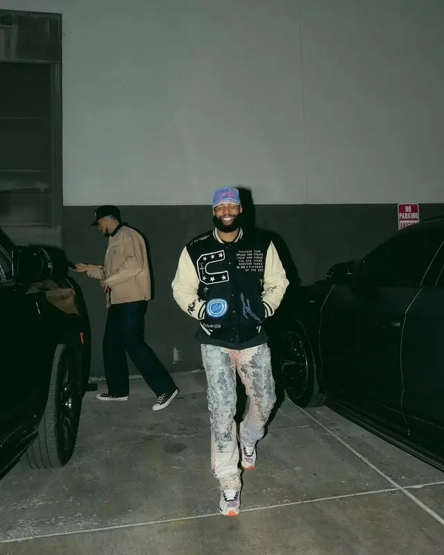 Odell Beckham Jr outfit in Travis Scott Merch, Kapital, and Fragment, 2022