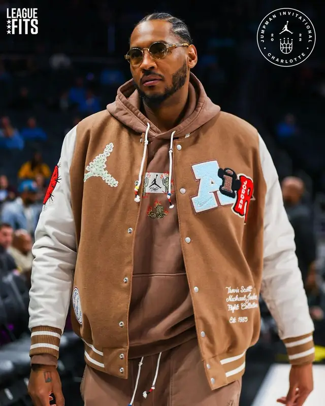 Carmelo Anthony outfit in Jordan, Nike, and Travis Scott Merch, 2022