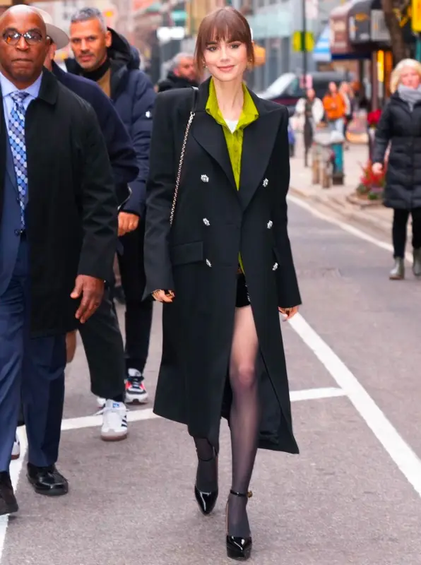 Lily Collins outfit in Brandon Maxwell, Kurt Geiger, and Cartier, 2022