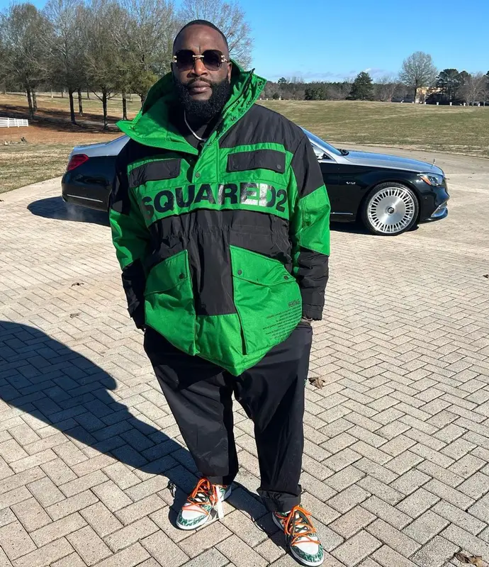 Rick Ross outfit in Dsquared2, Y-3, and Shoe Surgeon, 2022