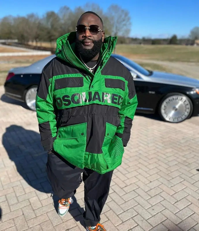 Rick Ross outfit in Dsquared2, Y-3, and Shoe Surgeon, 2022