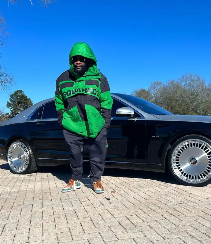 Rick Ross outfit in Dsquared2, Y-3, and Shoe Surgeon, 2022