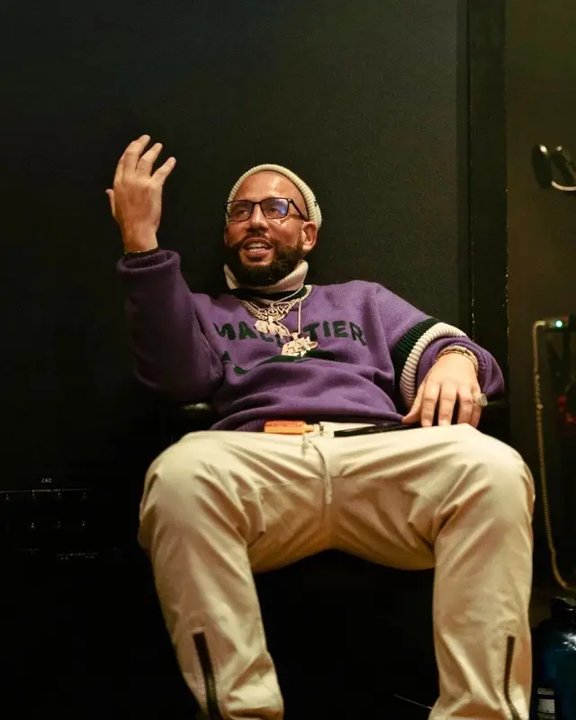 DJ Drama outfit in Louis Vuitton, Rick Owens, and Tom Ford, 2022