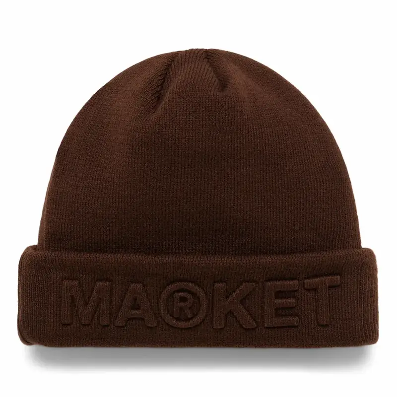 Market Logo Brown Knit Beanie Hat $40