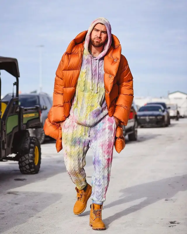 Travis Kelce outfit in Rick Owens, Camp High, and Timberland, 2022