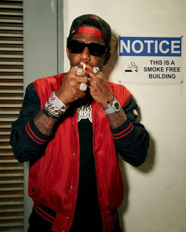Fabolous outfit in Moncler, Von Dutch, and Palm Angels, 2022