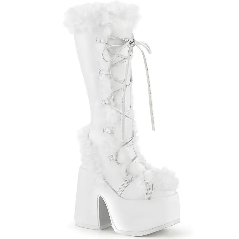Demonia Camel-311 Faux Fur 5" Chunky Heel Platform White Womens Knee High Boots $119