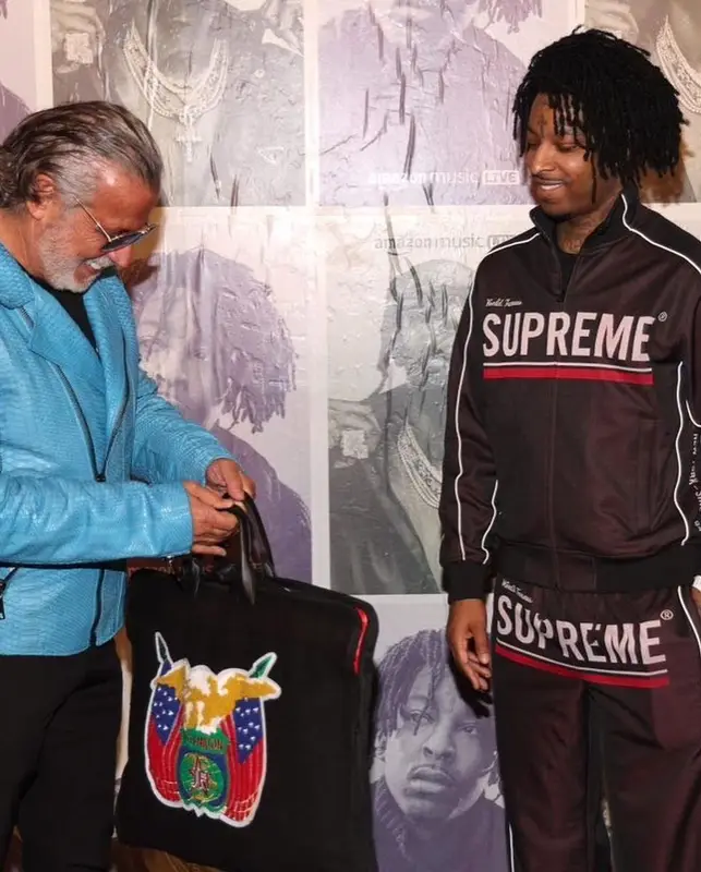 21 Savage outfit in Jeff Hamilton, Jordan, and Supreme, 2023