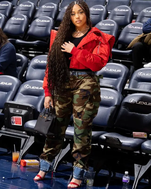 Jordyn Woods outfit in Samaria Leah, Hermes, and Gianvito Rossi, 2023