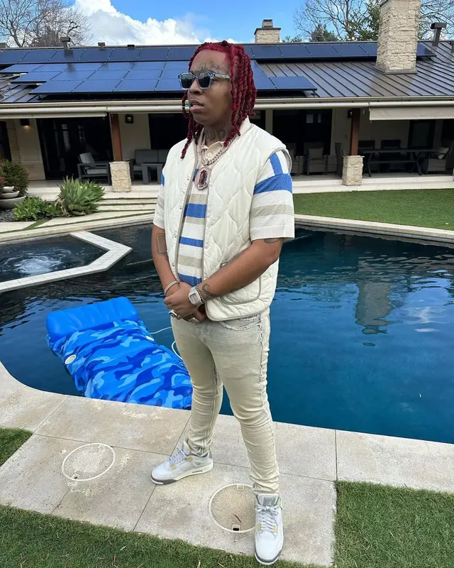 Lil Gotit outfit in Zara, Purple Brand, and Jordan, 2023