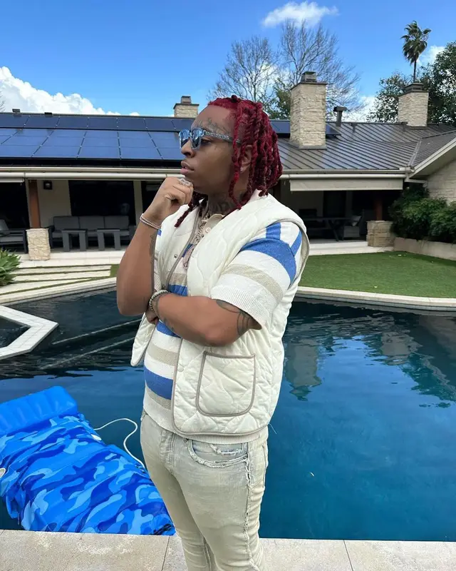 Lil Gotit outfit in Zara, Purple Brand, and Jordan, 2023