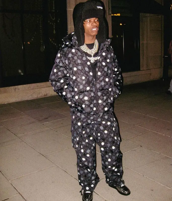 Lil Baby outfit in Yayoi Kusama, Nike, and Louis Vuitton, 2023