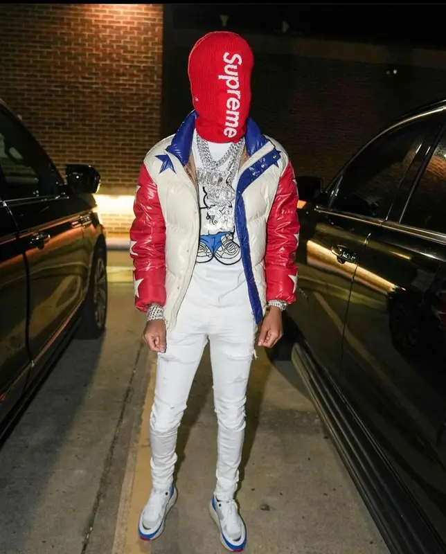 Nardo Wick outfit in Moncler, Supreme, and New Era, 2023